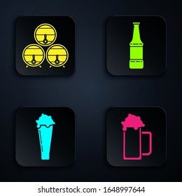 Set Glass of beer, Wooden barrel on rack with stopcock, Glass of beer and Beer bottle. Black square button. Vector