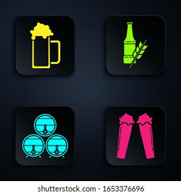 Set Glass of beer, Glass of beer, Wooden barrel on rack with stopcock and Beer bottle. Black square button. Vector