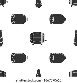 Set Glass of beer, Wooden barrel on rack with stopcock and Salami sausage on seamless pattern. Vector