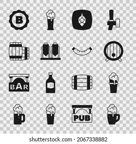 Set Glass of beer, Wooden barrel, Hop, Beer brewing process, Bottle cap with and Sausage icon. Vector