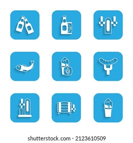 Set Glass of beer, Wooden barrel, Sausage on the fork, Beer tap with glass, Dried fish,  and bottle icon. Vector