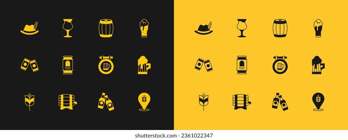 Set Glass of beer, Wooden barrel on rack, Street signboard with, Beer bottle, can, Oktoberfest hat and  icon. Vector