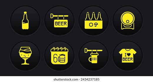 Set Glass of beer, Wooden barrel on rack, Saint Patricks day calendar, Signboard with glass, Pack bottles, Street signboard Beer, T-shirt and Plastic icon. Vector