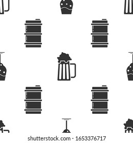 Set Glass of beer, Wooden beer mug and Metal beer keg on seamless pattern. Vector