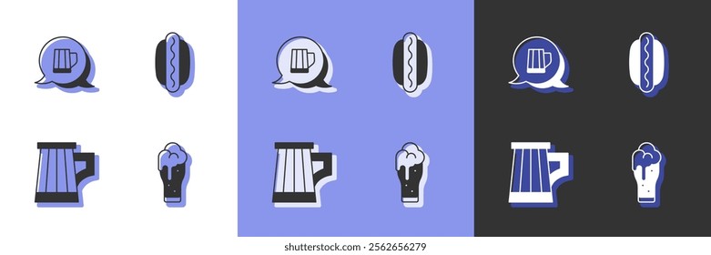 Set Glass of beer, Wooden mug,  and Hotdog sandwich icon. Vector