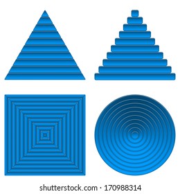 Set of glass blue buttons, computer icons of different shapes - circle, square, triangle, pyramid. Elements for web design, isolated on white background. Vector eps10, contains transparencies
