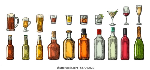 Set glass and bottle beer, whiskey, wine, gin, rum, tequila, cognac, champagne, cocktail, grog. Vector engraved color vintage illustration isolated on white background.