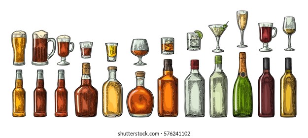 Set glass and bottle beer, whiskey, wine, gin, rum, tequila, cognac, champagne, cocktail, grog. Vector engraved color vintage illustration isolated on white background