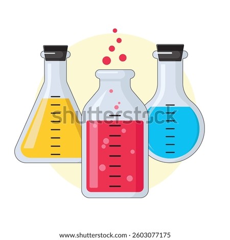 A set of glass bottle, conical and round bottomed flasks with coloured liquid inside. Laboratory equipment vector illustration. 