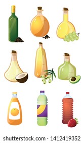 Set of glass bottle of different oil or vinegar for kitchen