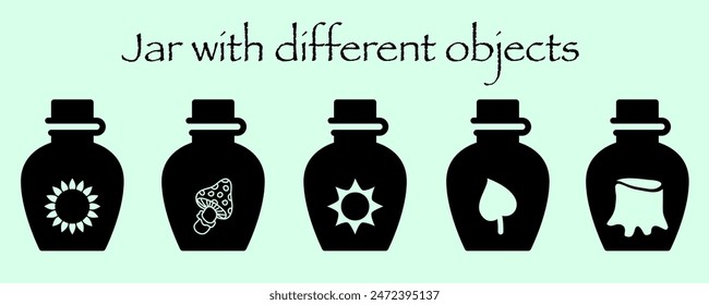 Set of glass, bottle, jar, kettle icon with flower and plant