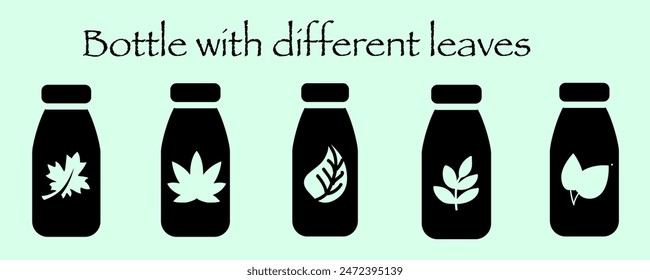 Set of glass, bottle, jar, kettle icon with flower and plant