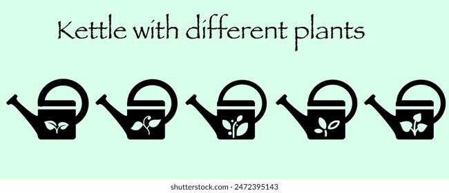 Set of glass, bottle, jar, kettle icon with flower and plant