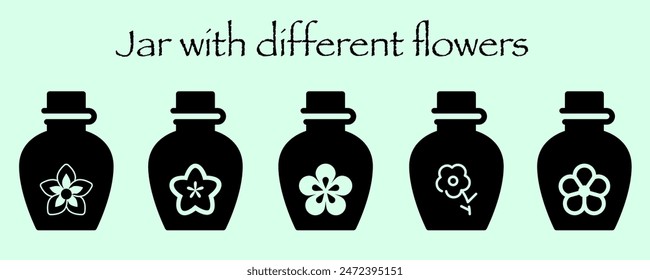 Set of glass, bottle, jar, kettle icon with flower and plant