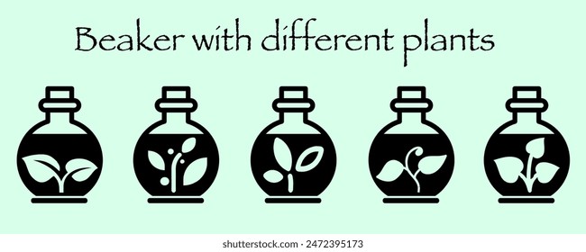 Set of glass, bottle, jar, kettle icon with flower and plant