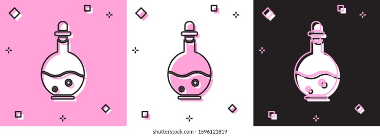 Set Glass bottle with magic elixir icon isolated on pink and white, black background. Computer game asset.  Vector Illustration