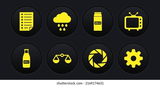 Set Glass bottle milk and cap, Television tv, Scales of justice, Camera shutter, Paper package for and Cloud with rain icon. Vector