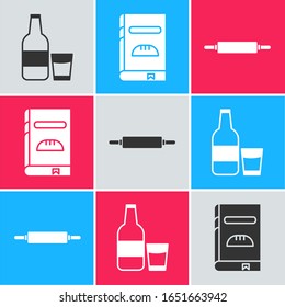 Set Glass bottle with milk and glass , Cookbook  and Rolling pin  icon. Vector
