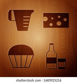 Set Glass bottle with milk and glass , Measuring cup, Muffin  and Cheese  on wooden background. Vector