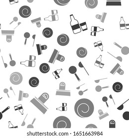 Set Glass bottle with milk and glass , Roll bun with cinnamon , Measuring spoon  and Scales  on seamless pattern. Vector