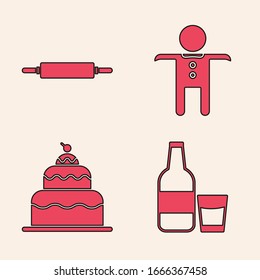 Set Glass bottle with milk and glass , Rolling pin , Holiday gingerbread man cookie  and Cake  icon. Vector