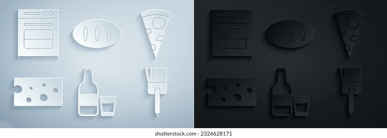 Set Glass bottle with milk and glass, Slice of pizza, Cheese, Kitchen brush, Bread loaf and Oven icon. Vector
