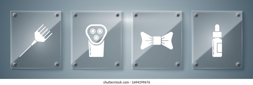 Set Glass bottle with a pipette, Bow tie, Electrical hair clipper or shaver and Hairbrush. Square glass panels. Vector