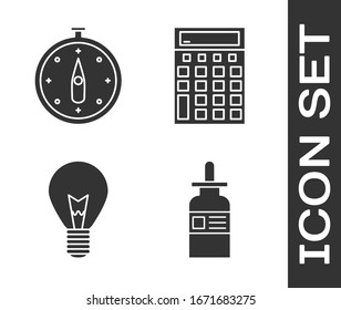 Set Glass bottle with a pipette, Compass, Light bulb with concept of idea and Calculator icon. Vector