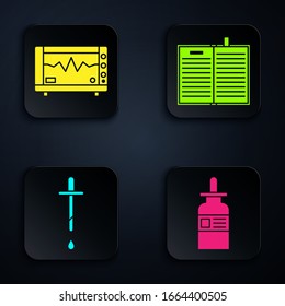 Set Glass bottle with a pipette, Computer monitor with cardiogram, Pipette and Open science book. Black square button. Vector