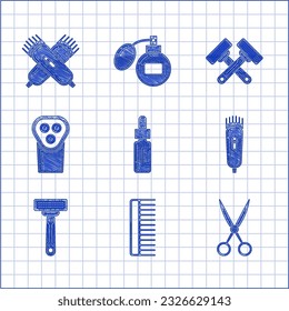 Set Glass bottle with a pipette, Hairbrush, Scissors hairdresser, Electrical clipper shaver, Shaving razor, Crossed shaving and electrical icon. Vector