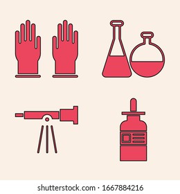 Set Glass bottle with a pipette, Rubber gloves, Test tube and flask chemical laboratory and Telescope icon. Vector