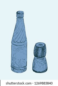 Set of glass bottle and salt mill, shaker, grinder. Hand drawn style. Vector Sketch. Salt shaker or Spice container. Soda beverage. For menu in restaurant and cafe.