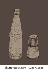 Set of glass bottle and salt mill, shaker, grinder. Hand drawn style. Vector Sketch. Salt shaker or Spice container. Soda beverage. For menu in restaurant and cafe.
