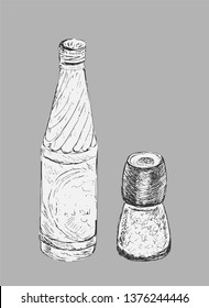 Set of glass bottle and salt mill, shaker, grinder. Hand drawn style. Vector Sketch. Salt shaker or Spice container. Soda beverage. For menu in restaurant and cafe.
