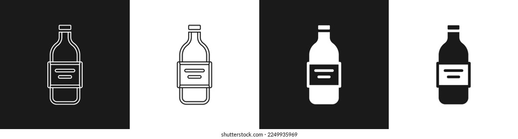 Ajuste la botella de vidrio del icono de vodka aislado en fondo blanco y negro.  Vector