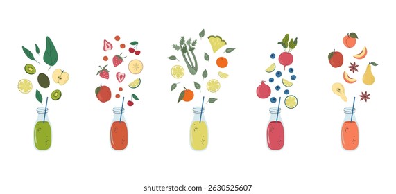 Set of glass bottles with colorful beverage, fruits, vegetable and berries. Tasty vitamin juice or smoothie recipes. Healthy drink. Hand drawn flat design vector illustration.