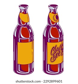 Conjunto de botellas de vidrio de cerveza artesanal sobre un fondo blanco en estilo de pieza para impresión y diseño.Ilustración vectorial.