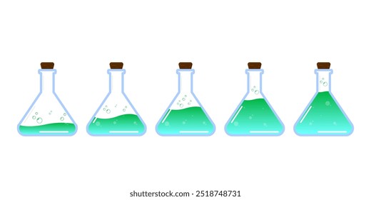 Conjunto de botellas de vidrio. Estilo plano de la poción del diverso color en el fondo blanco. Ilustración vectorial. Elementos de diseño para el juego, interfaz, Web, icono, logotipo.