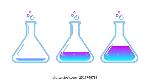 Conjunto de botellas de vidrio. Estilo plano de la poción del diverso color en el fondo blanco. Ilustración vectorial. Elementos de diseño para el juego, interfaz, Web, icono, logotipo.