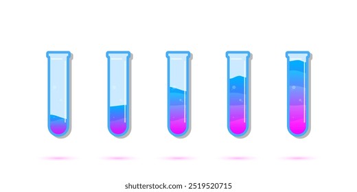 Conjunto de botellas de vidrio. Estilo plano de la poción del diverso color en el fondo blanco. Ilustración vectorial. Elementos de diseño para el juego, interfaz, Web, icono, logotipo.