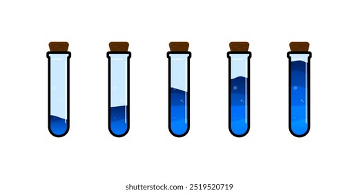 Conjunto de botellas de vidrio. Estilo plano de la poción del diverso color en el fondo blanco. Ilustración vectorial. Elementos de diseño para el juego, interfaz, Web, icono, logotipo.