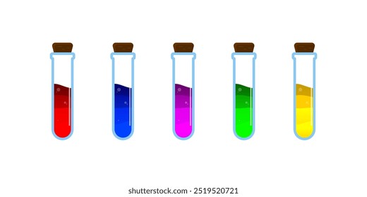 Conjunto de botellas de vidrio. Estilo plano de la poción del diverso color en el fondo blanco. Ilustración vectorial. Elementos de diseño para el juego, interfaz, Web, icono, logotipo.