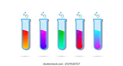 Conjunto de botellas de vidrio. Estilo plano de la poción del diverso color en el fondo blanco. Ilustración vectorial. Elementos de diseño para el juego, interfaz, Web, icono, logotipo.