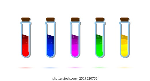 Conjunto de botellas de vidrio. Estilo plano de la poción del diverso color en el fondo blanco. Ilustración vectorial. Elementos de diseño para el juego, interfaz, Web, icono, logotipo.