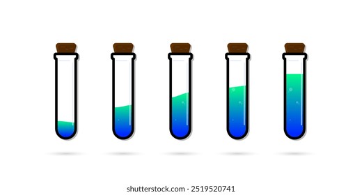 Conjunto de botellas de vidrio. Estilo plano de la poción del diverso color en el fondo blanco. Ilustración vectorial. Elementos de diseño para el juego, interfaz, Web, icono, logotipo.