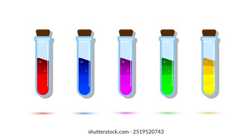 Conjunto de botellas de vidrio. Estilo plano de la poción del diverso color en el fondo blanco. Ilustración vectorial. Elementos de diseño para el juego, interfaz, Web, icono, logotipo.