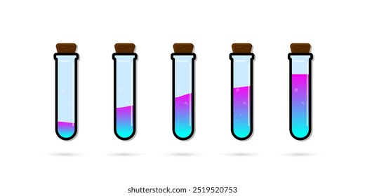 Conjunto de botellas de vidrio. Estilo plano de la poción del diverso color en el fondo blanco. Ilustración vectorial. Elementos de diseño para el juego, interfaz, Web, icono, logotipo.