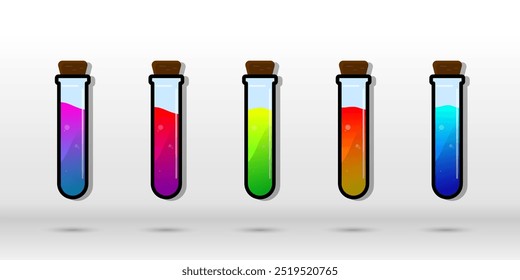 Conjunto de botellas de vidrio. Estilo plano de la poción del diverso color en el fondo blanco. Ilustración vectorial. Elementos de diseño para el juego, interfaz, Web, icono, logotipo.