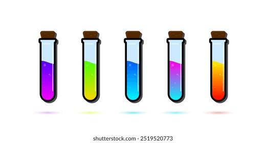 Conjunto de botellas de vidrio. Estilo plano de la poción del diverso color en el fondo blanco. Ilustración vectorial. Elementos de diseño para el juego, interfaz, Web, icono, logotipo.