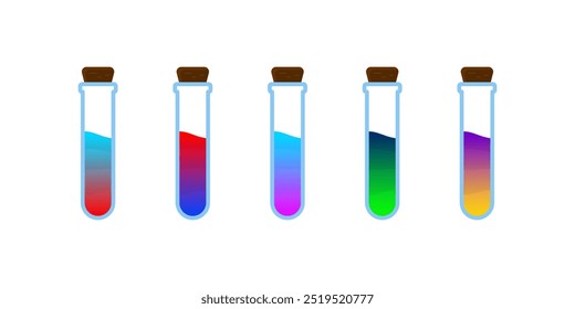 Conjunto de botellas de vidrio. Estilo plano de la poción del diverso color en el fondo blanco. Ilustración vectorial. Elementos de diseño para el juego, interfaz, Web, icono, logotipo.